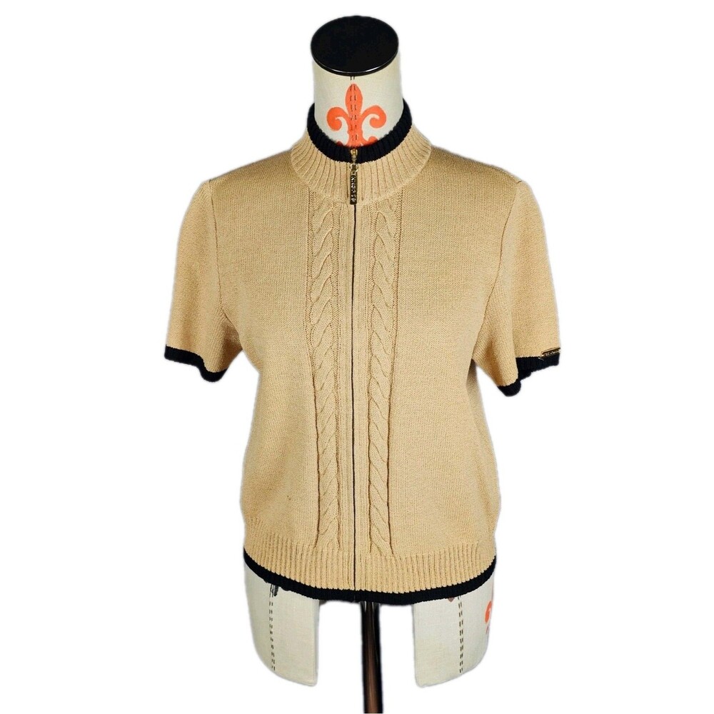 St. John Sport Short Sleeve Jacket Mary Gray Tan Cable Knit Full Zip USA Women S